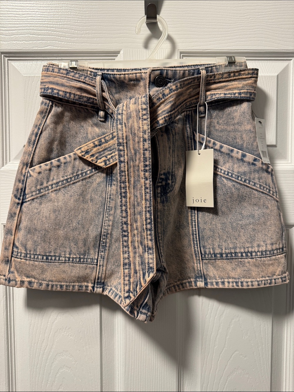 Joie Peach-Blue Acid Wash Denim Belted Shorts
